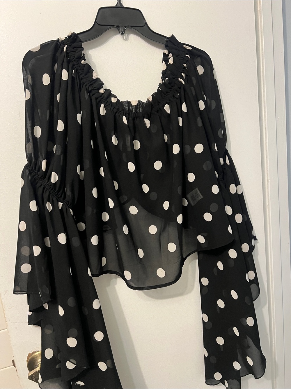 Off shoulder crop blouse Black Polka Dot Peasant Blouse with Smocked Neckline XL